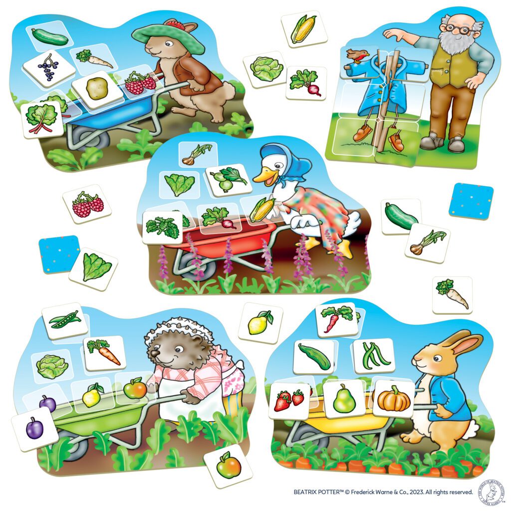 Beatrix Potter matching game with Peter Rabbit, Mrs. Tiggy-Winkle, and Jemima Puddle-Duck characters sorting fruit and vegetable tokens in a garden