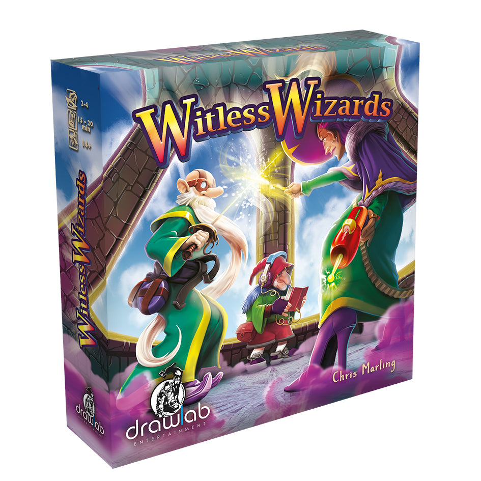 Board game box for Witless Wizards. Two wizards with wands create a spark, while a small wizard reads a book
