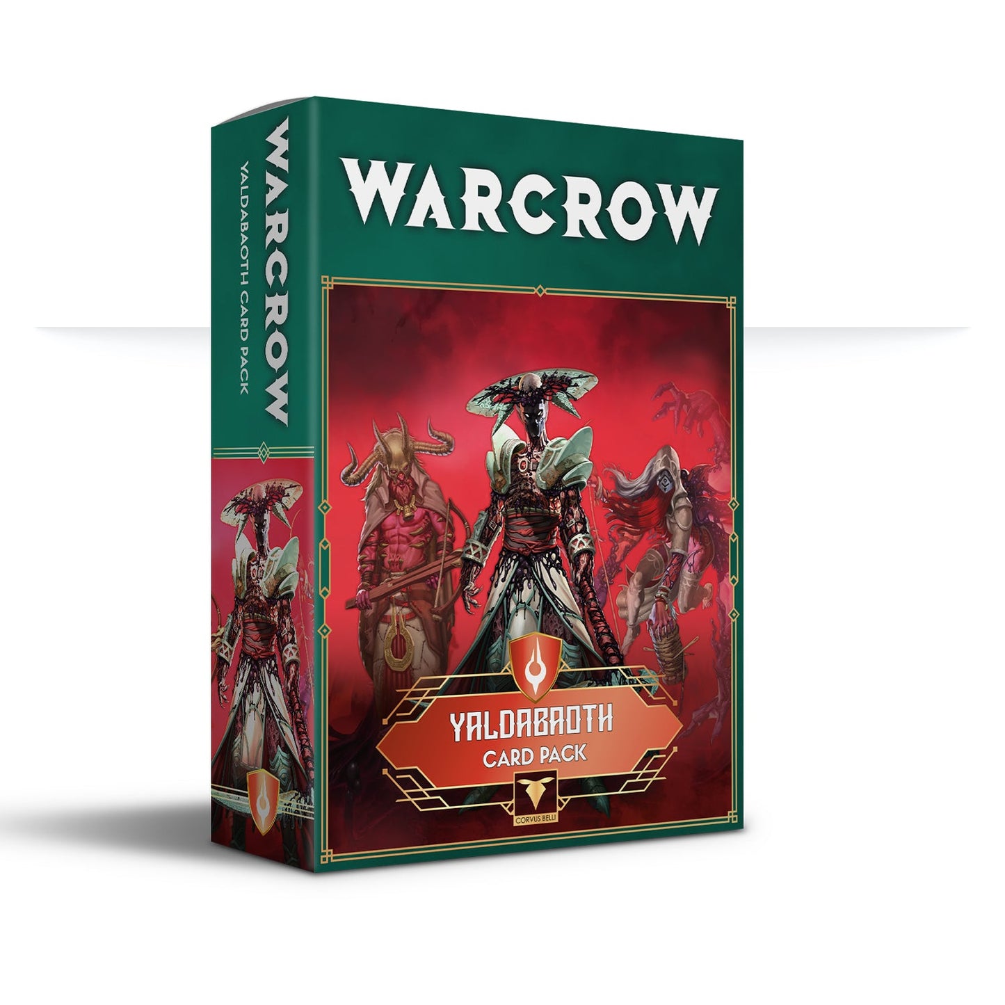 Warcrow Yaldabaoth Card Pack box featuring dark fantasy artwork of three monstrous characters