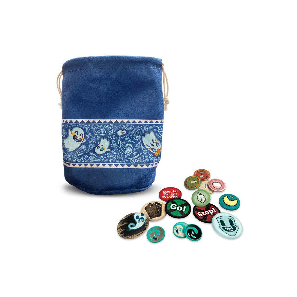 The Vagrantsong Deluxe Token Set includes a blue ghost-patterned drawstring bag and many colourful wooden and printed game tokens including Stop and Go