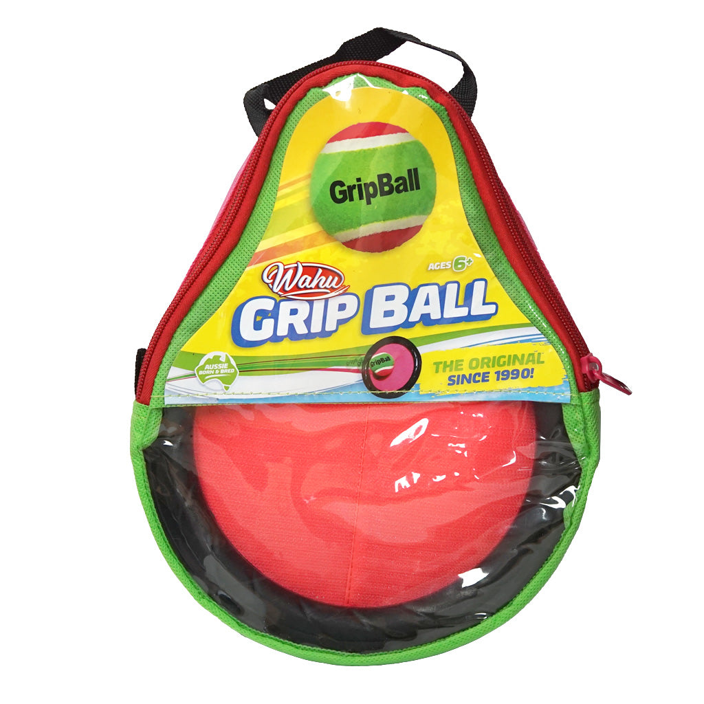 Colorful Wahu Grip Ball game in a pear-shaped red, green, and yellow zippered case with a red paddle and green ball