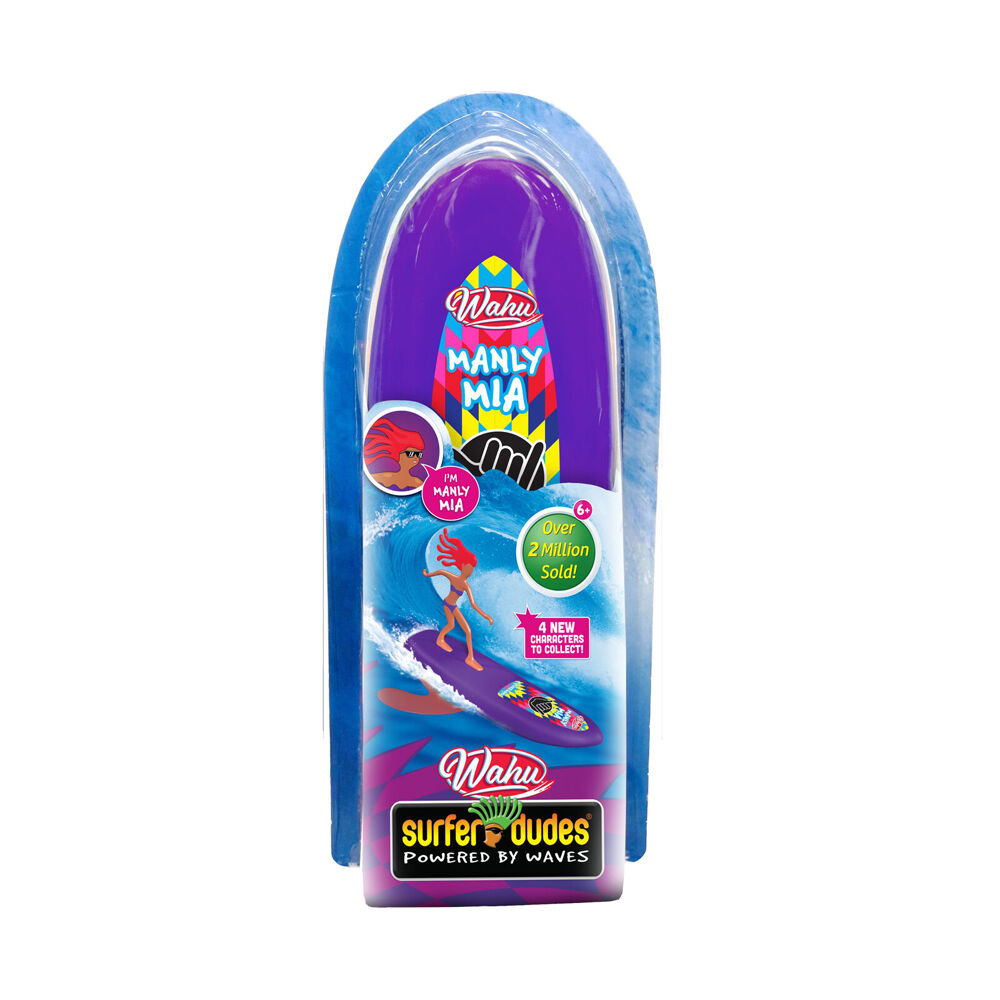 Purple Wahu Surfer Dudes 'Manly Mia' surfboard toy in package, featuring a female surfer on a wave