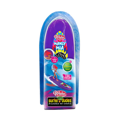 Purple Wahu Surfer Dudes 'Manly Mia' surfboard toy in package, featuring a female surfer on a wave