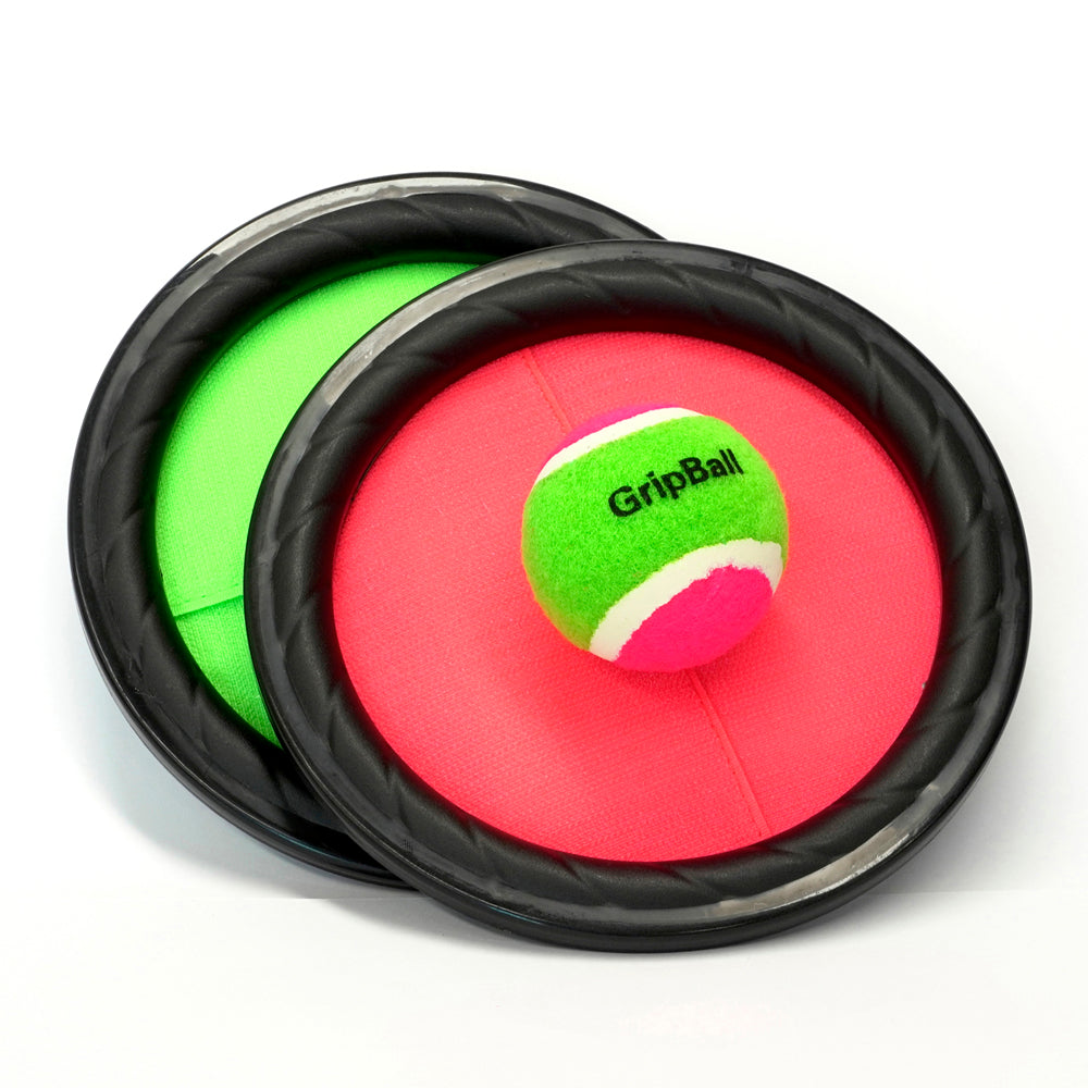 Red and green GripBall catch paddles with a striped green, white, and pink ball