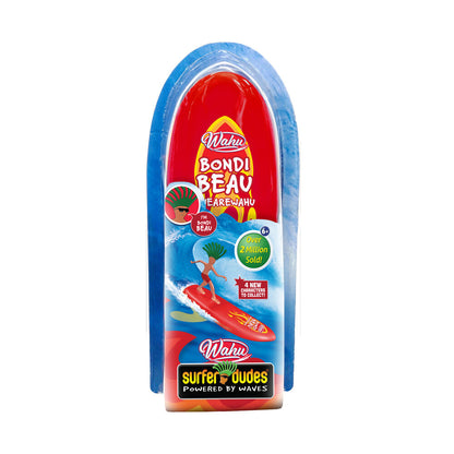 Red "Wahu Surfer Dudes Bondi Beau" toy package with a green-haired surfer doll riding a wave