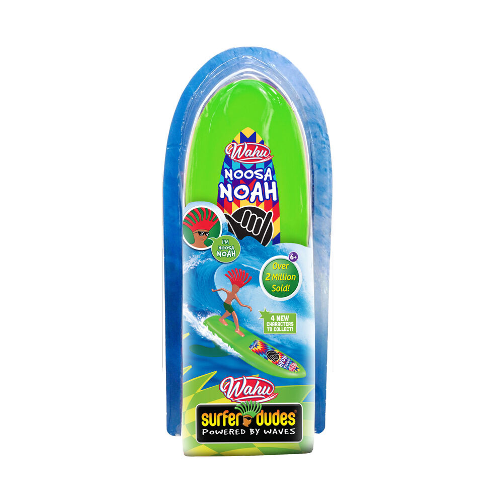 Wahu Noosa Noah Surfer Dudes toy packaging with a red-haired surfer on a green board riding a blue wave