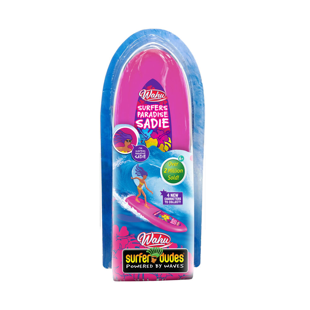 Wahu Surfer Dudes "Sadie" toy package, featuring a pink surfboard and graphic of Sadie surfing a wave