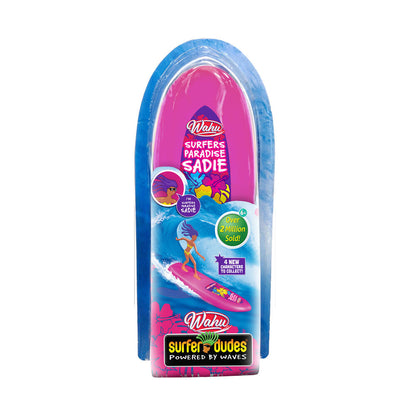Wahu Surfer Dudes "Sadie" toy package, featuring a pink surfboard and graphic of Sadie surfing a wave