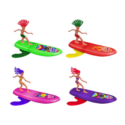 Four colorful surfer toy figures: two boys on green and red boards, two girls on pink and purple surfboards