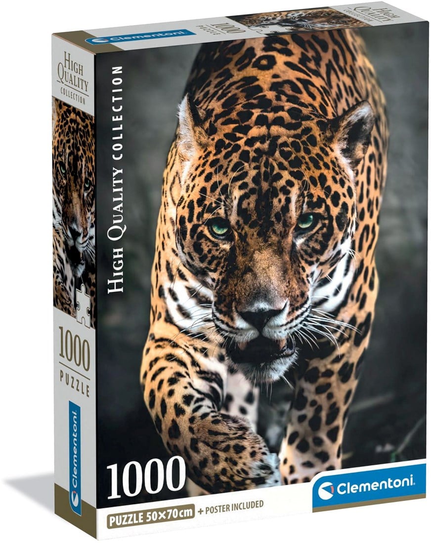 A Clementoni 1000-piece puzzle box featuring a powerful jaguar with bright green eyes walking towards the viewer