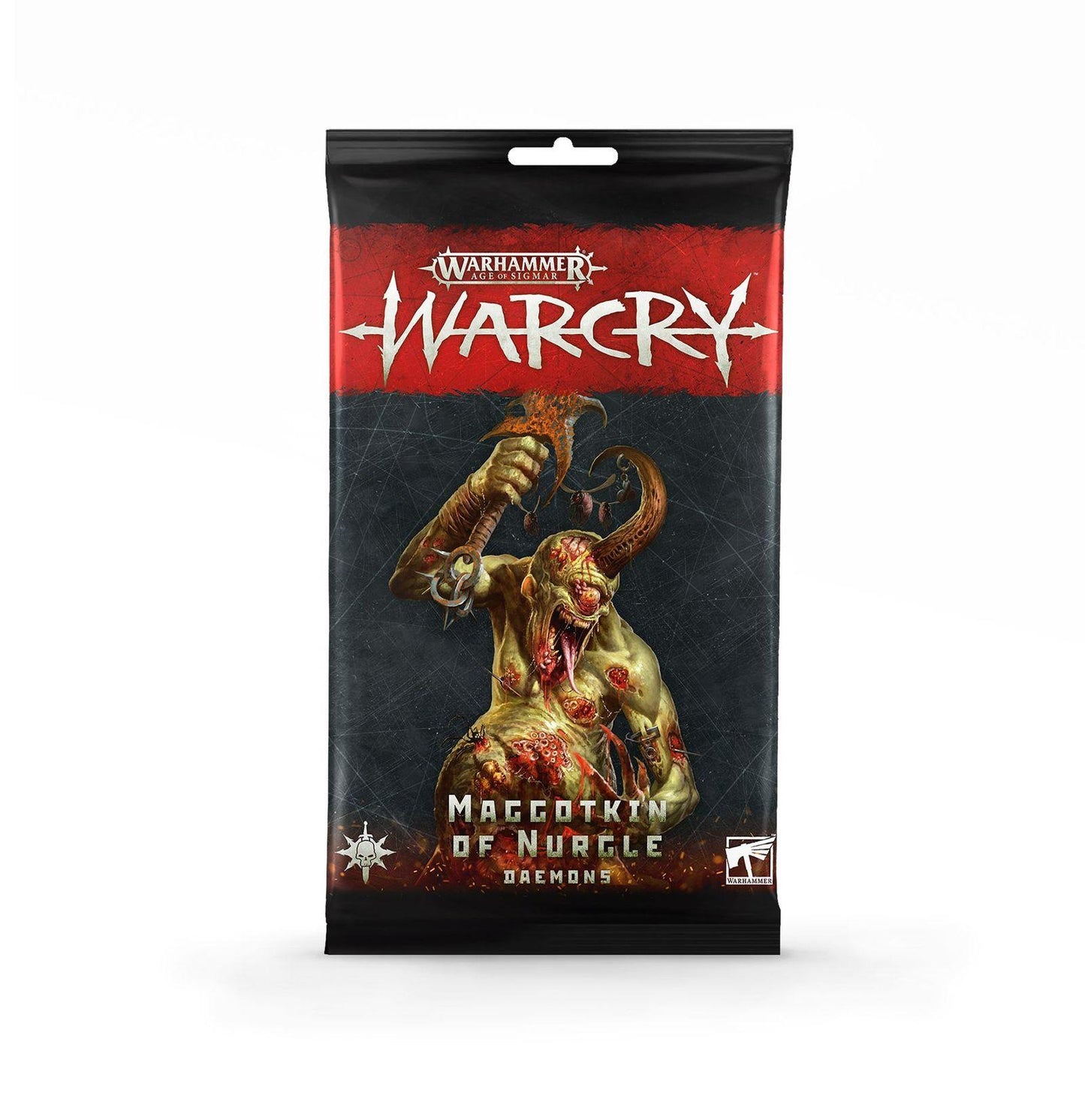 Warcry Maggotkin of Nurgle Daemons pack, A decaying, horned demon with exposed guts holds a spiky weapon
