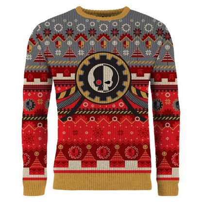 A grey and red Christmas jumper features a central Adeptus Mechanicus skull-gear emblem, surrounded by snowflakes, gears, and trees.