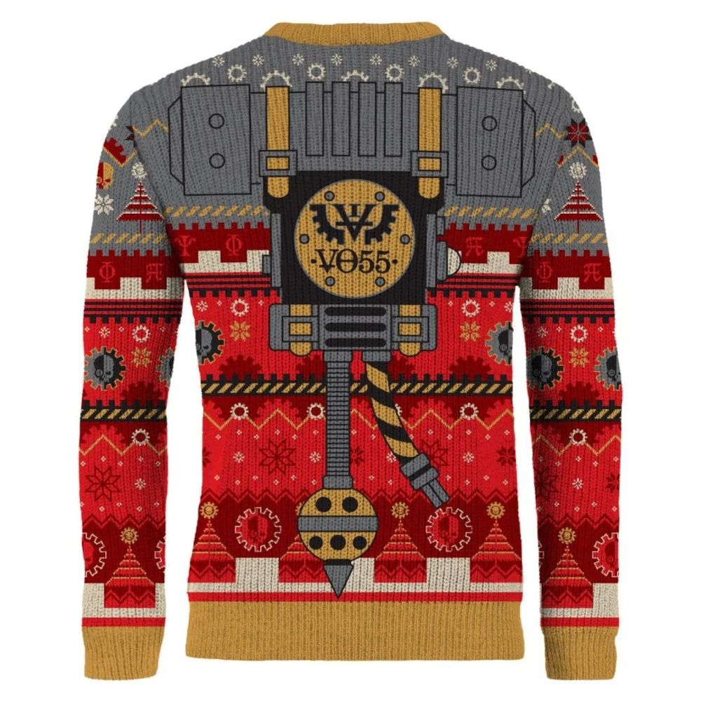 Warhammer 40K Christmas jumper with a large Adeptus Mechanicus hammer, cog symbol, and V055 text.