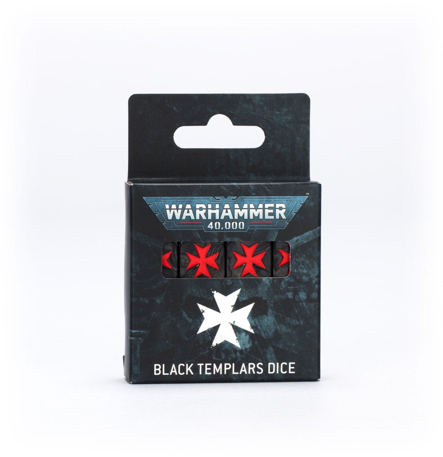 Black Warhammer 40,000 Black Templars dice in retail packaging, box features game logo, white Maltese cross, and window showing black dice with red Maltese crosses