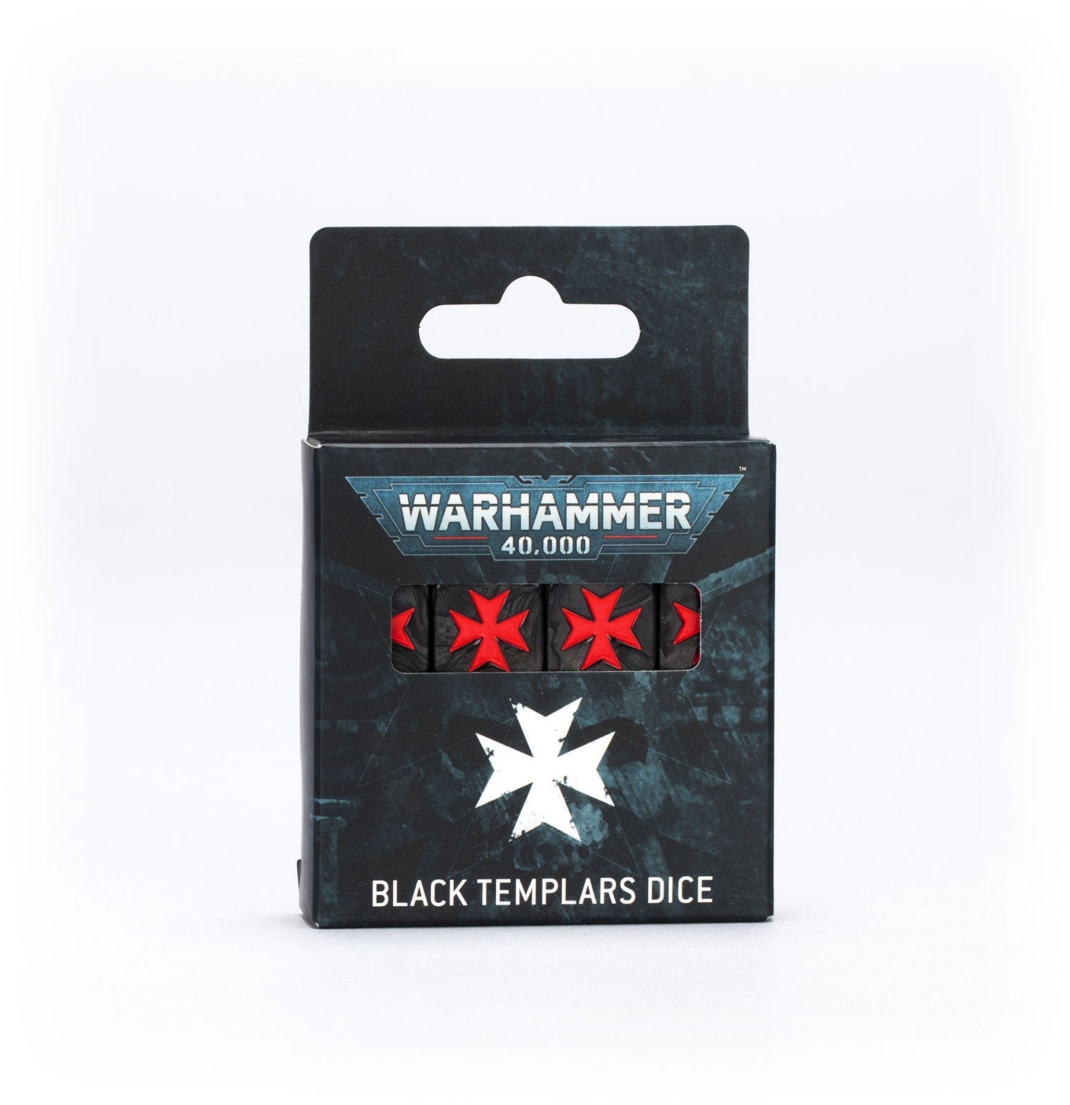 Black Warhammer 40,000 Black Templars dice in retail packaging, box features game logo, white Maltese cross, and window showing black dice with red Maltese crosses