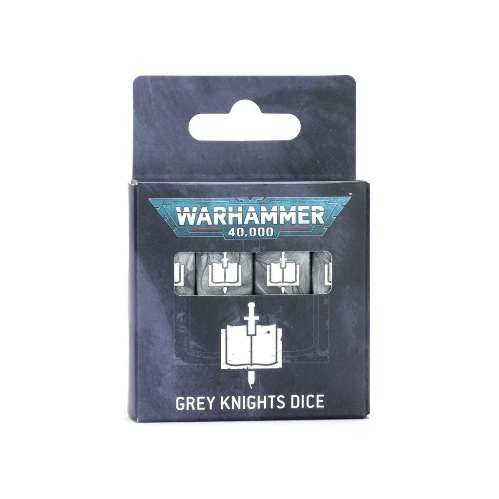 Dark grey Warhammer 40,000 Grey Knights dice set in its box, grey dice feature a white open book and sword symbol, visible through the packaging