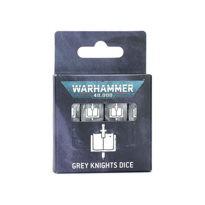 Dark grey Warhammer 40,000 Grey Knights dice set in its box, grey dice feature a white open book and sword symbol, visible through the packaging