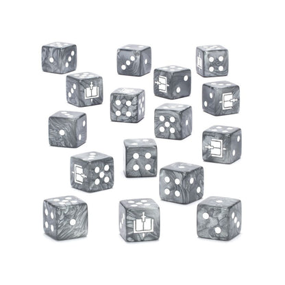 Fifteen gray marbled RPG dice with white pips and a sword & book symbol
