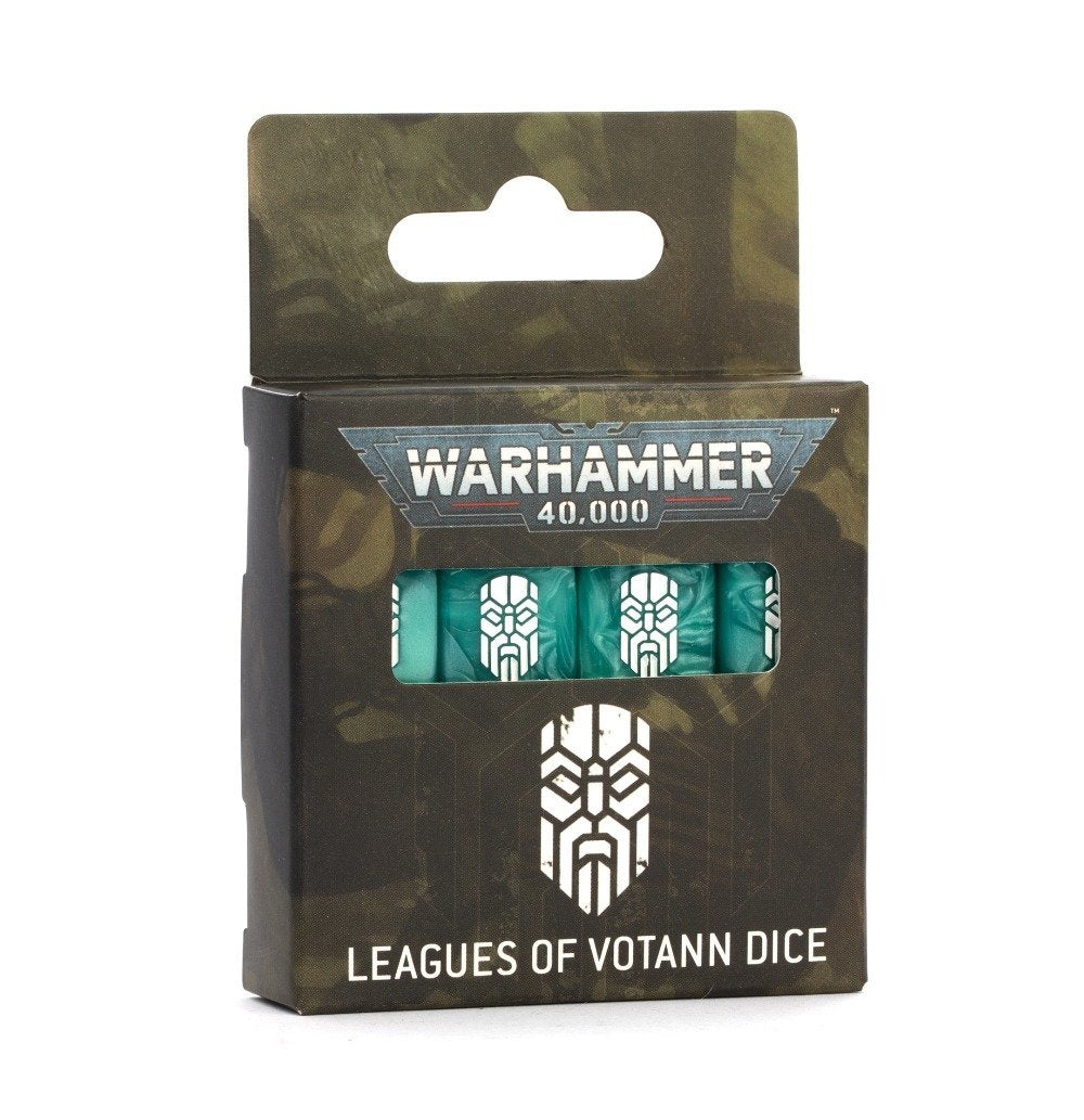 Dark green Warhammer 40K Leagues of Votann dice box, showing teal dice with white Votann symbols