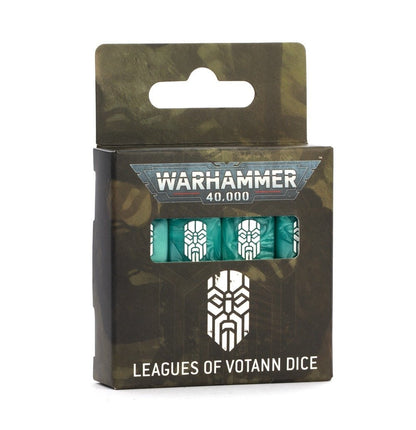 Dark green Warhammer 40K Leagues of Votann dice box, showing teal dice with white Votann symbols
