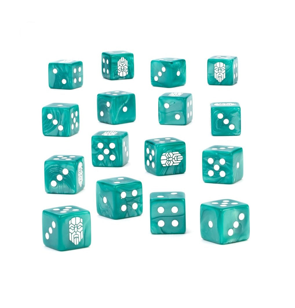 Scattered marbled teal gaming dice with white pips and unique symbols on a white background