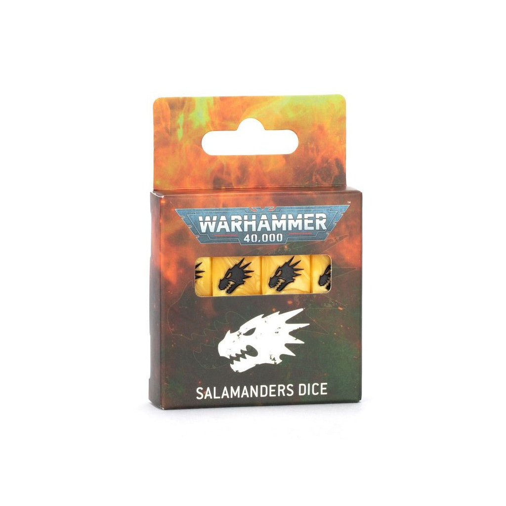 Warhammer 40K Salamanders dice box: yellow dice with black dragon heads, fiery background, and white dragon skull