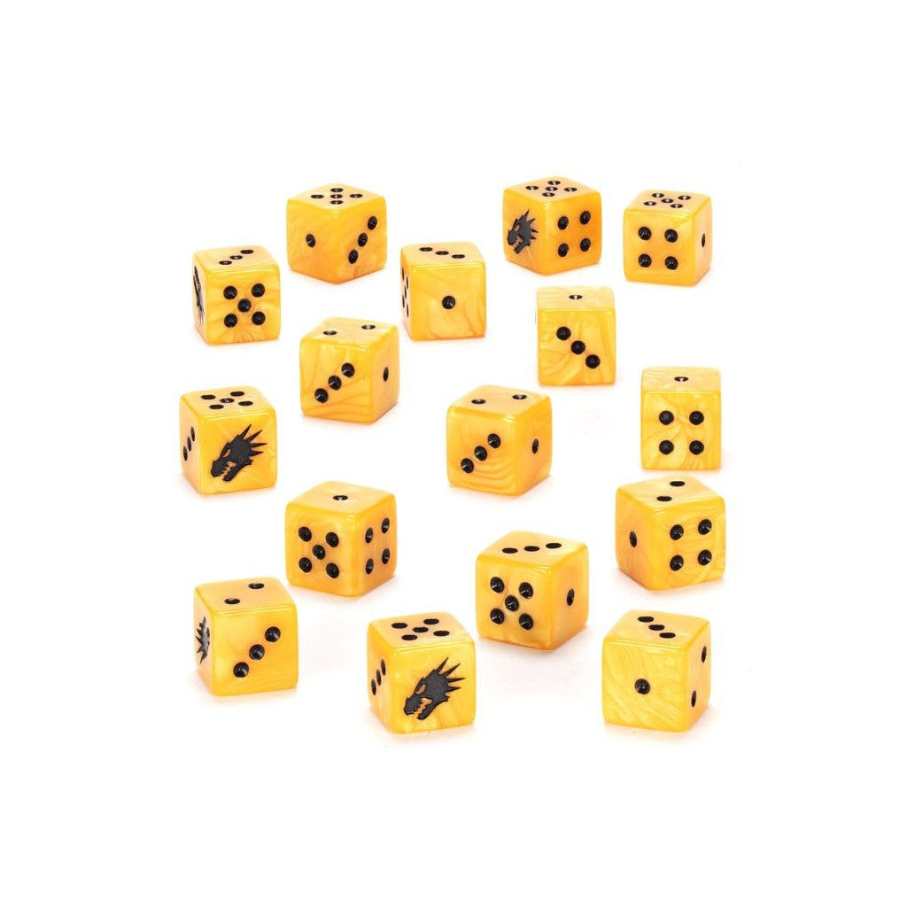 Scattered yellow dice with black pips and dragon head symbols on a white background