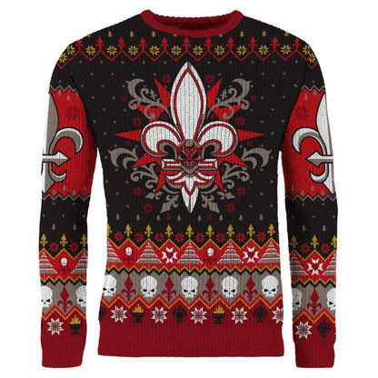 Black, red, white knit jumper featuring a large central fleur-de-lis, repeating skulls, and gothic-style patterns.