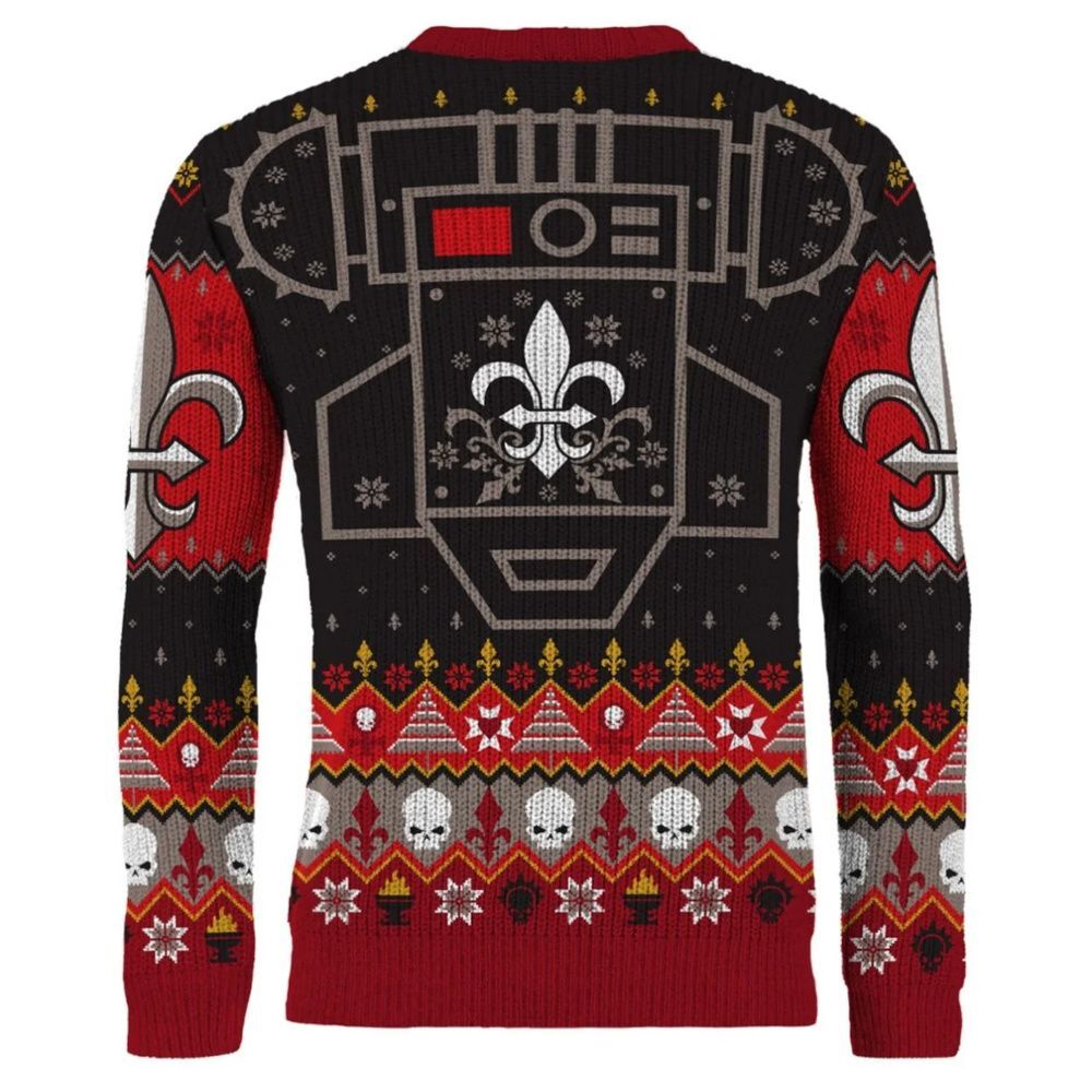Back of a black and red Christmas jumper featuring a large armored design, fleur-de-lis, skulls, and festive patterns.