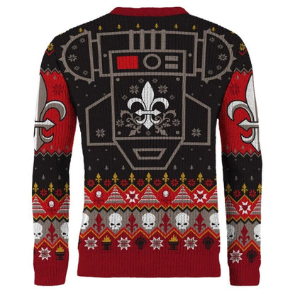 Back of a black and red Christmas jumper featuring a large armored design, fleur-de-lis, skulls, and festive patterns.