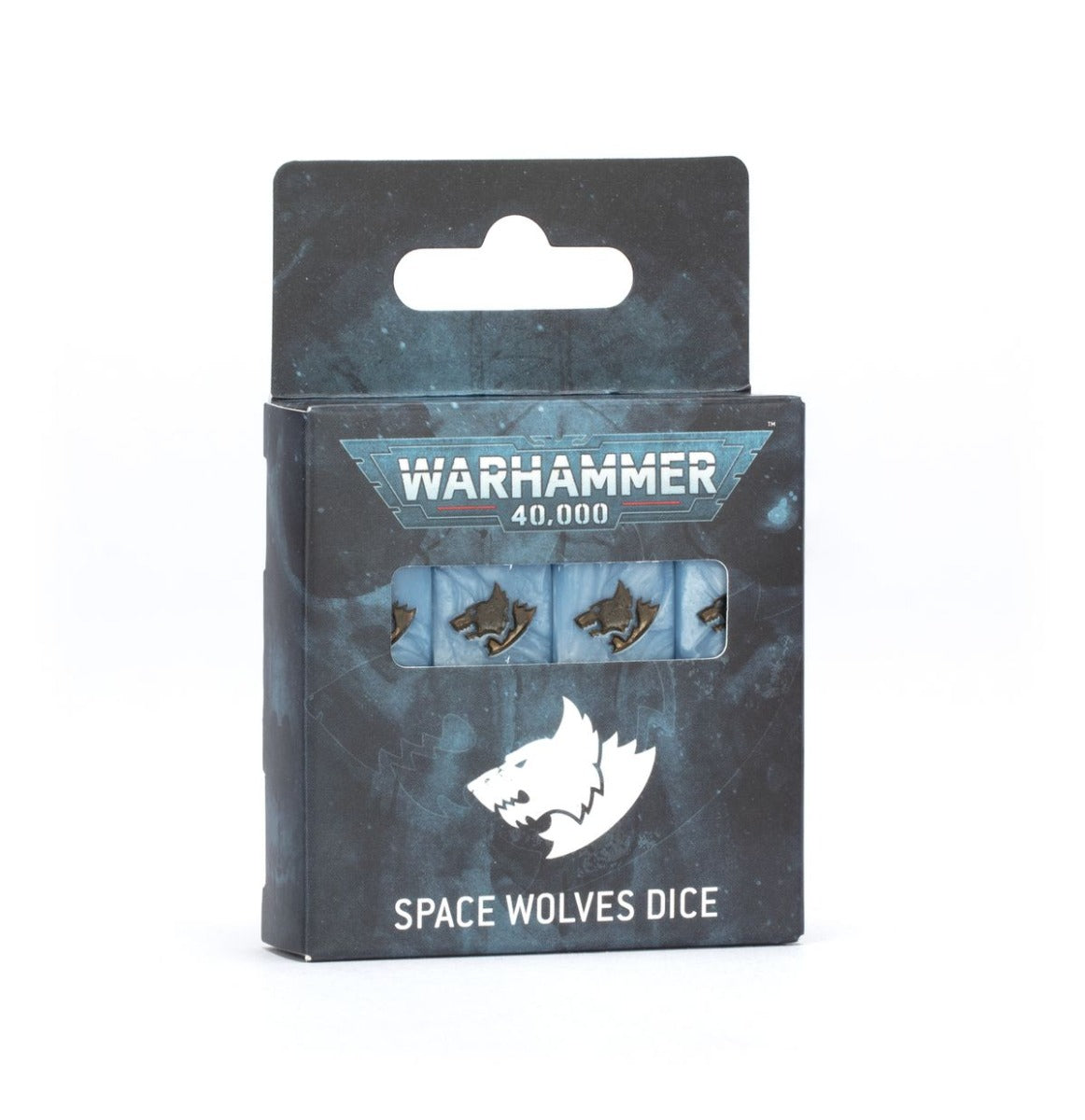 Box of Warhammer 40,000 Space Wolves light blue dice with metallic wolf head emblems visible through a clear window