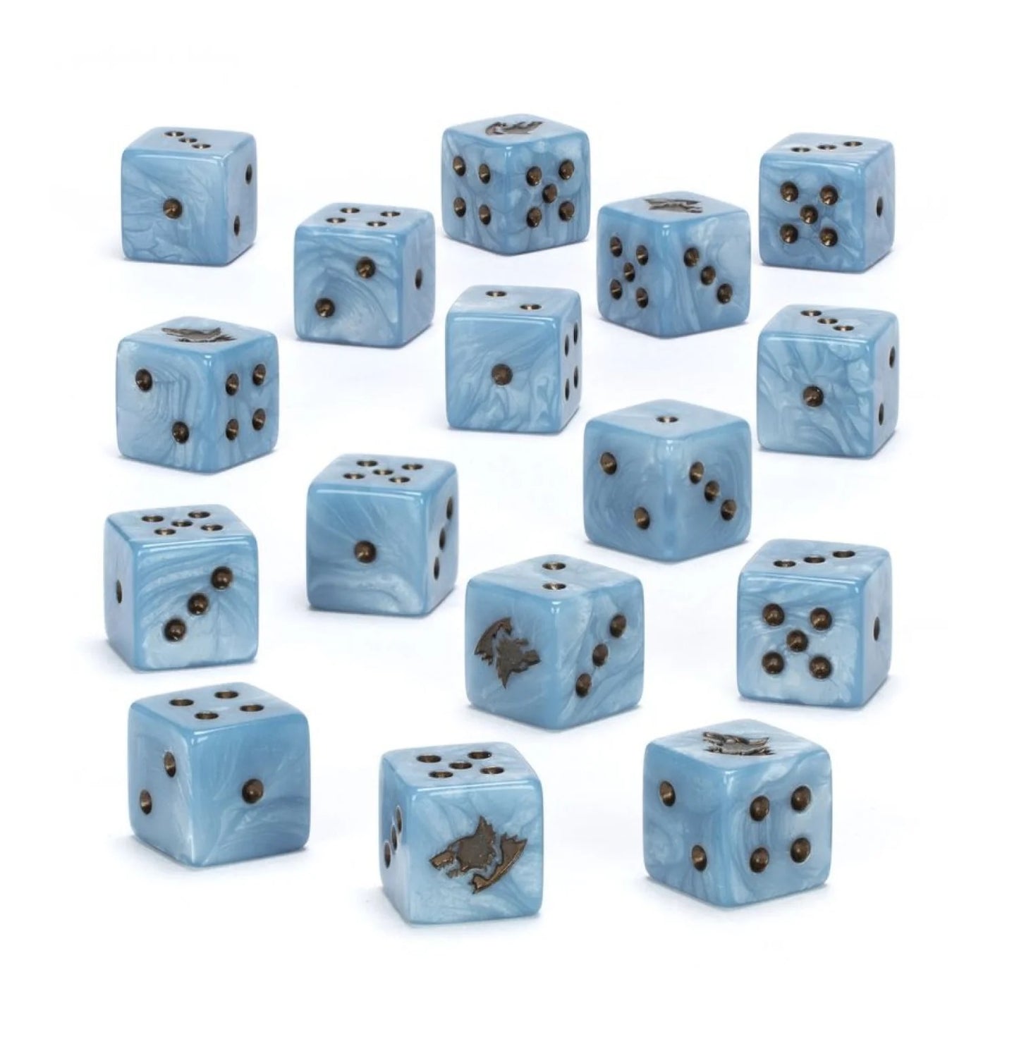 Marbled light blue dice with bronze pips, some featuring a wolf emblem, scattered on white