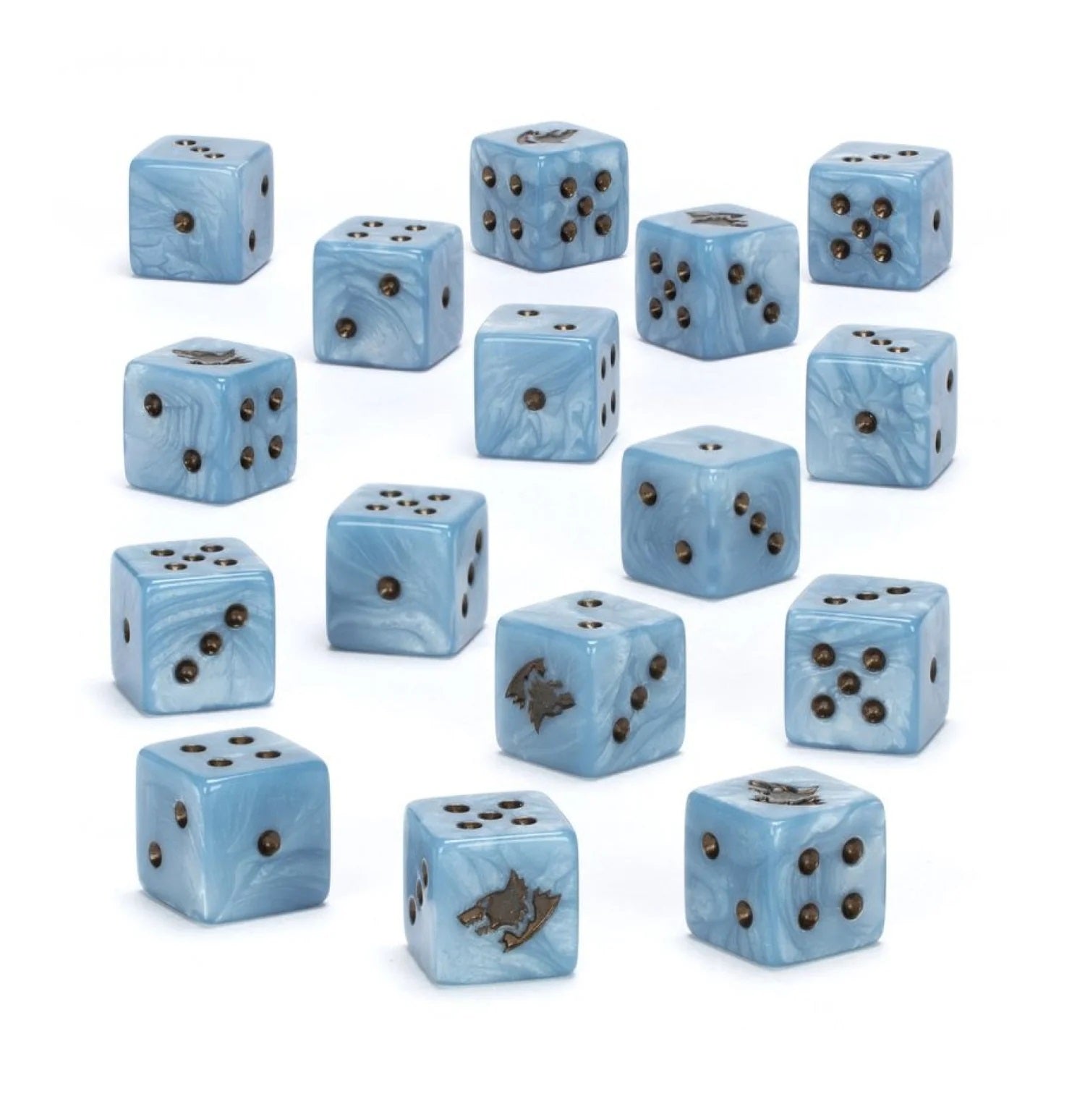 Marbled light blue dice with bronze pips, some featuring a wolf emblem, scattered on white