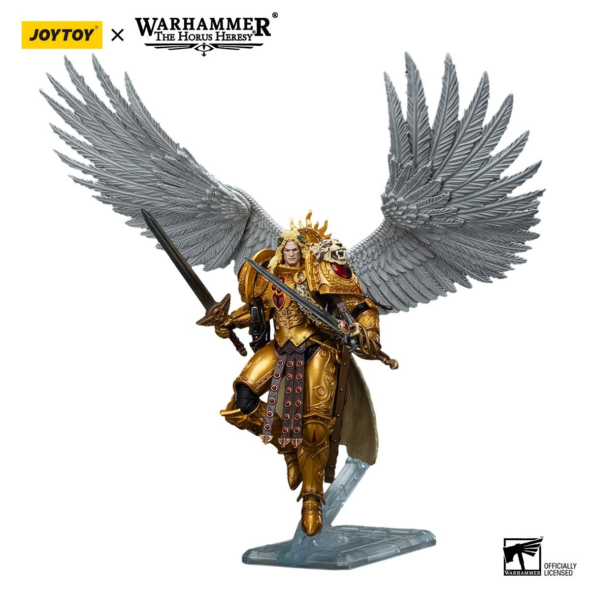 JoyToy x Warhammer The Horus Heresy Sanguinius action figure: golden ornate armor, large grey feathered wings, and two swords
