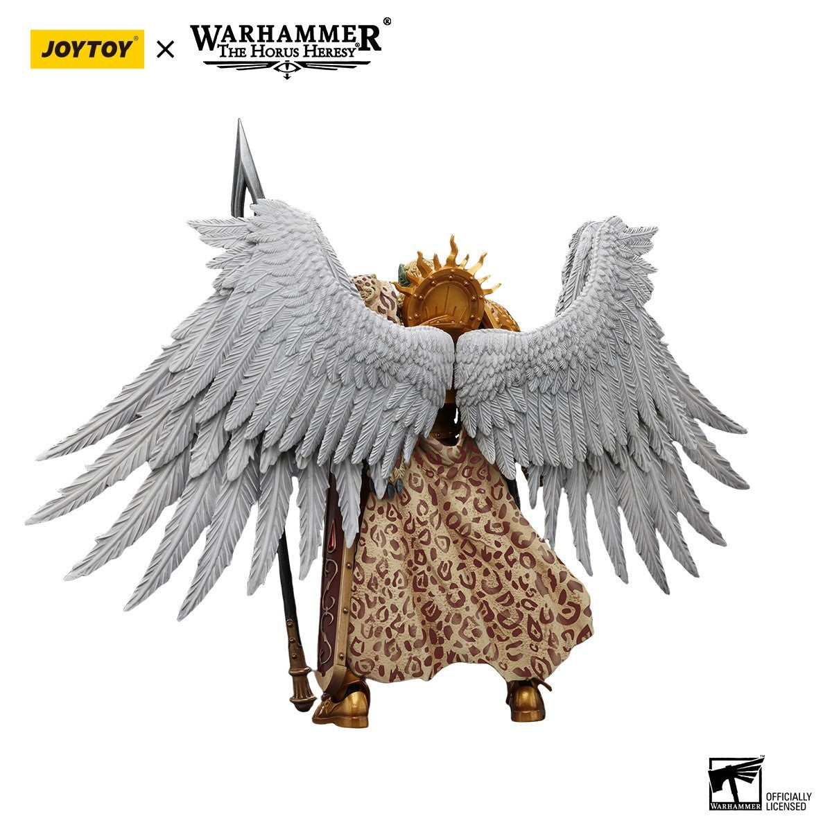 JoyToy Warhammer Sanguinius action figure, rear view, showing vast white wings, golden armor, a spotted cloak, and a spear