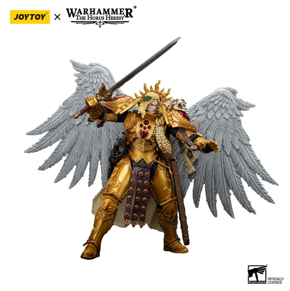 JoyToy Warhammer Horus Heresy Sanguinius action figure in elaborate golden armor, with large white feathered wings, sun crown, and sword