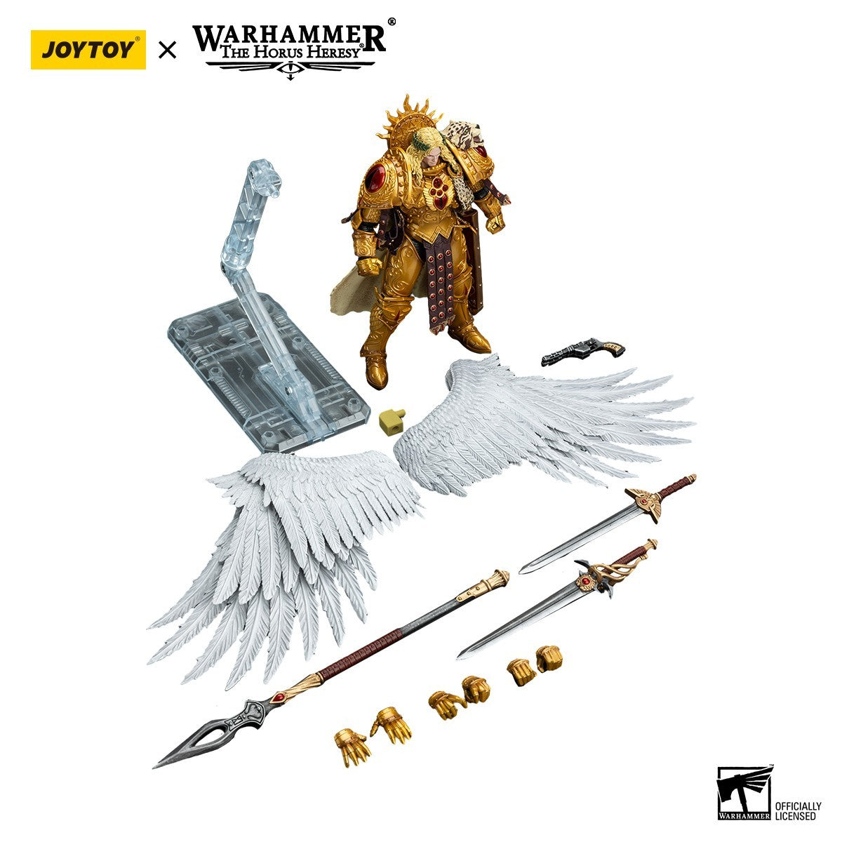 Sanguinius action figure in golden armor with detachable white wings, spear, two swords, pistol, and interchangeable hands, from Joytoy Warhammer The Horus Heresy