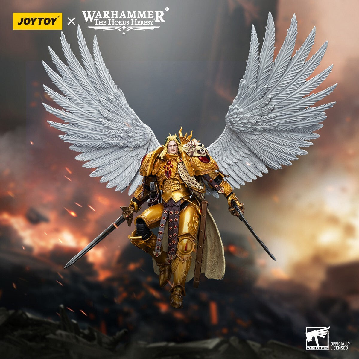 Sanguinius action figure with large white wings, golden armor, leopard pelt, and two swords, soaring over a fiery battlefield