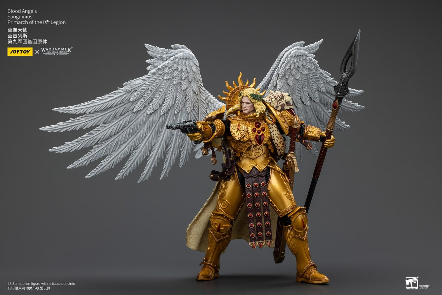 Warhammer Horus Heresy Sanguinius action figure: Winged Primarch in ornate gold armor, holding a pistol and spear, with a sun halo & leopard pelt