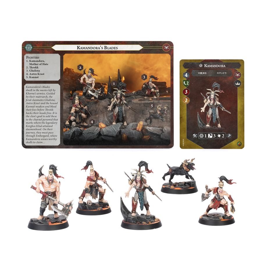 Five painted fantasy miniatures from Kamandora's Blades, depicting four warriors and a horned beast, alongside two game cards detailing lore and stats