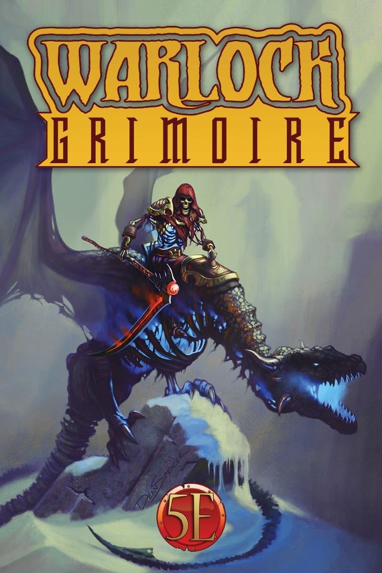 Warlock Grimoire cover art featuring a skeletal rider in a red hood on a glowing blue skeletal dragon on icy rocks