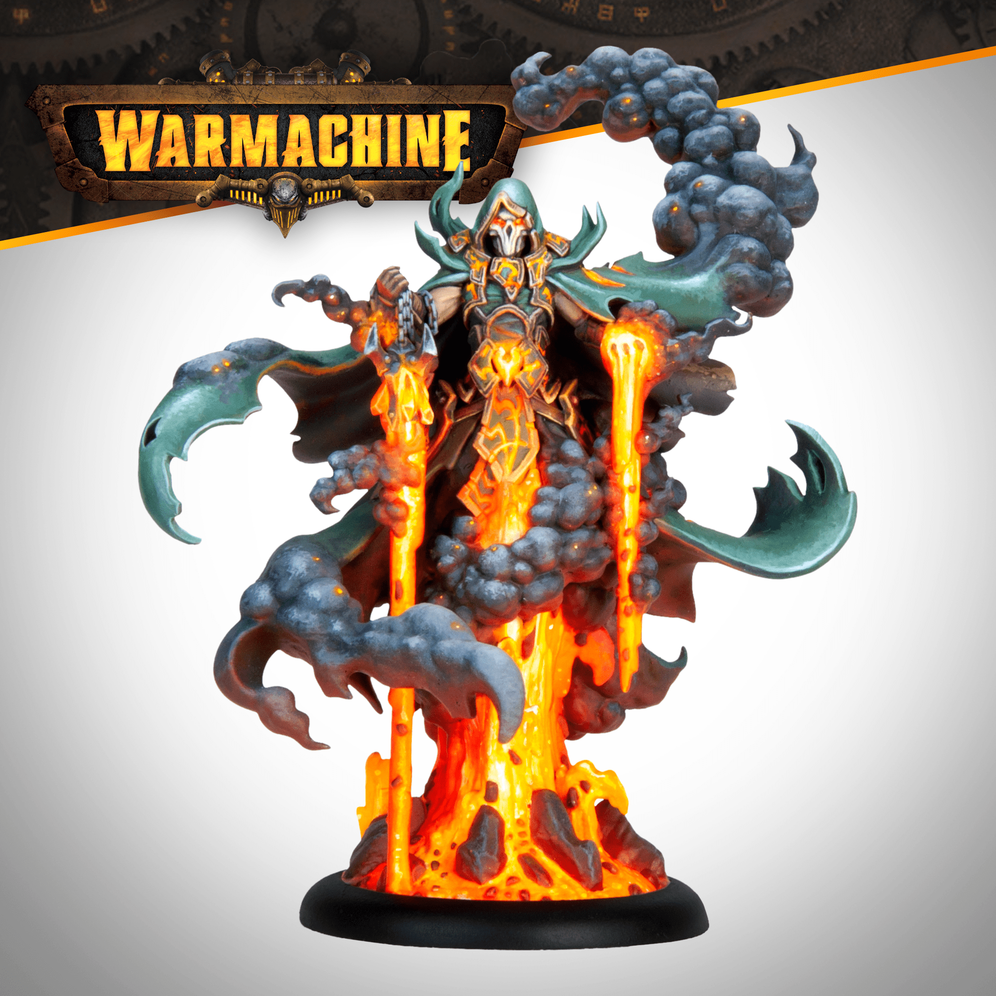 Warmachine Krueger Wrath of Blighterghast figure with a skull mask and teal cape, holding glowing staves amid orange lava and smoke