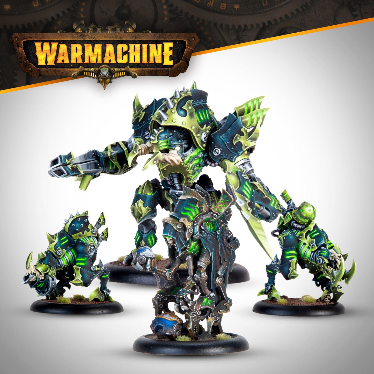 Four Warmachine miniatures: a large teal & neon green warjack holding a gun, flanked by two beasts and a cloaked figure