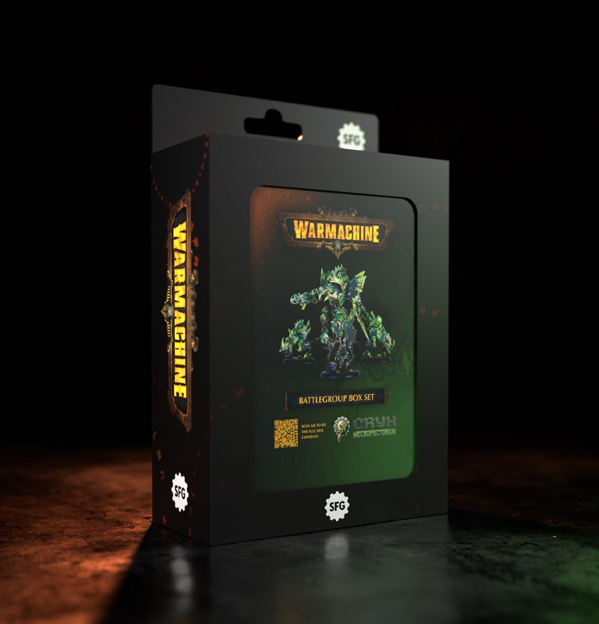 Black Warmachine Battlegroup Box Set, Front displays green robot miniatures, "Warmachine" title, and SFG logo