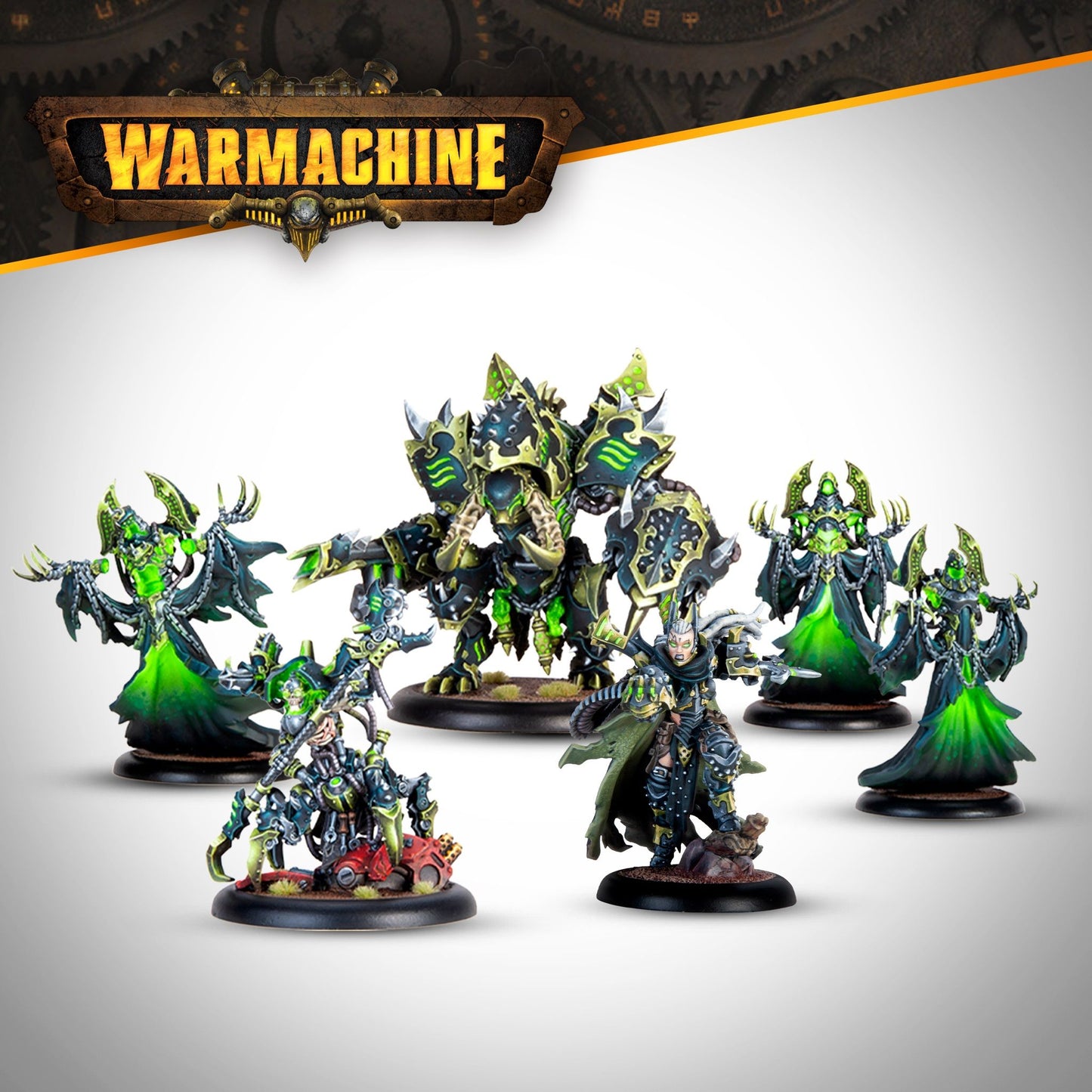 Warmachine miniatures: A menacing dark green and black warjack, robed figures, and infantry with glowing green accents