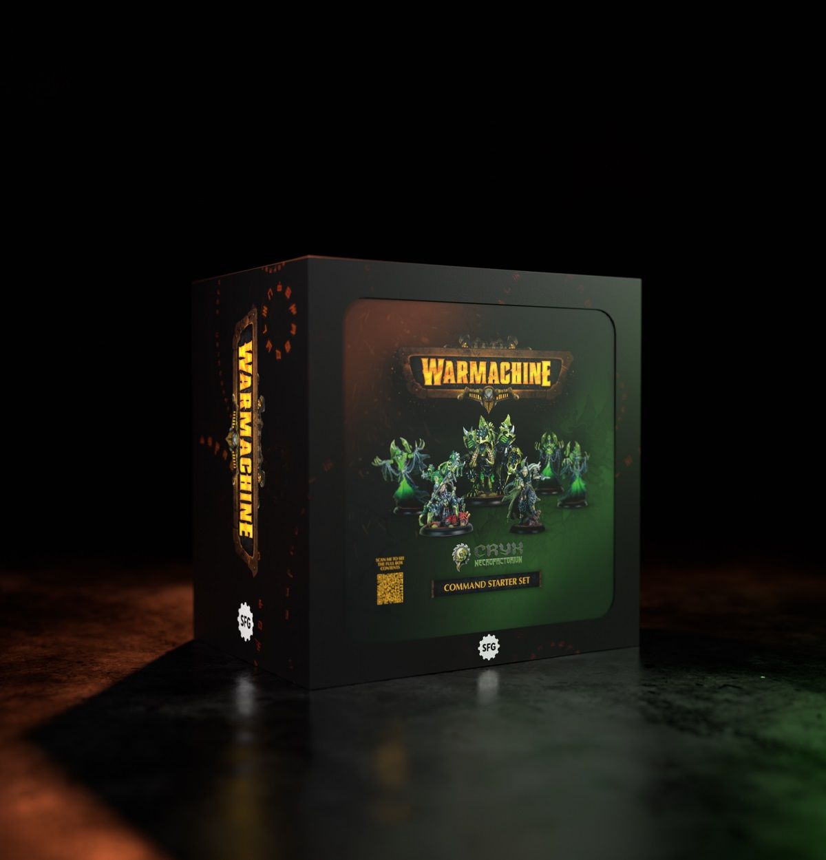 WARMACHINE Crux Necrofactorium Command Starter Set box featuring green, glowing robot miniatures