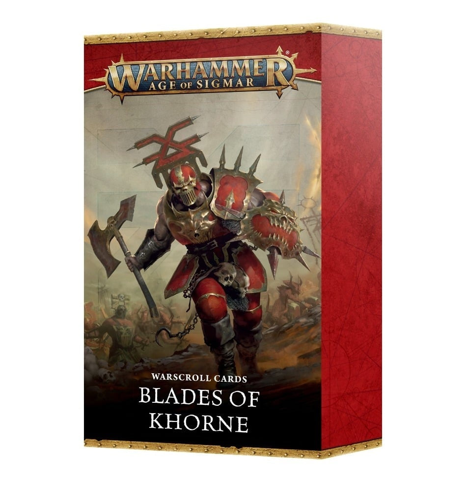 Warhammer Age of Sigmar Warscroll Cards: Blades of Khorne box, features a red and gold armored warrior with axe, spiked shield, and skull helmet, under the Khorne symbol