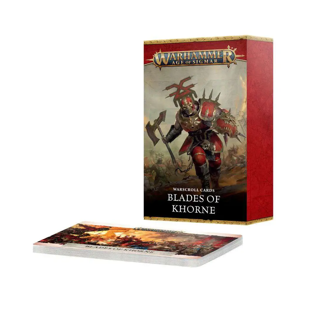 Warhammer Age of Sigmar Blades of Khorne Warscroll Cards box featuring a red-armored warrior with an axe, next to a stack of game cards