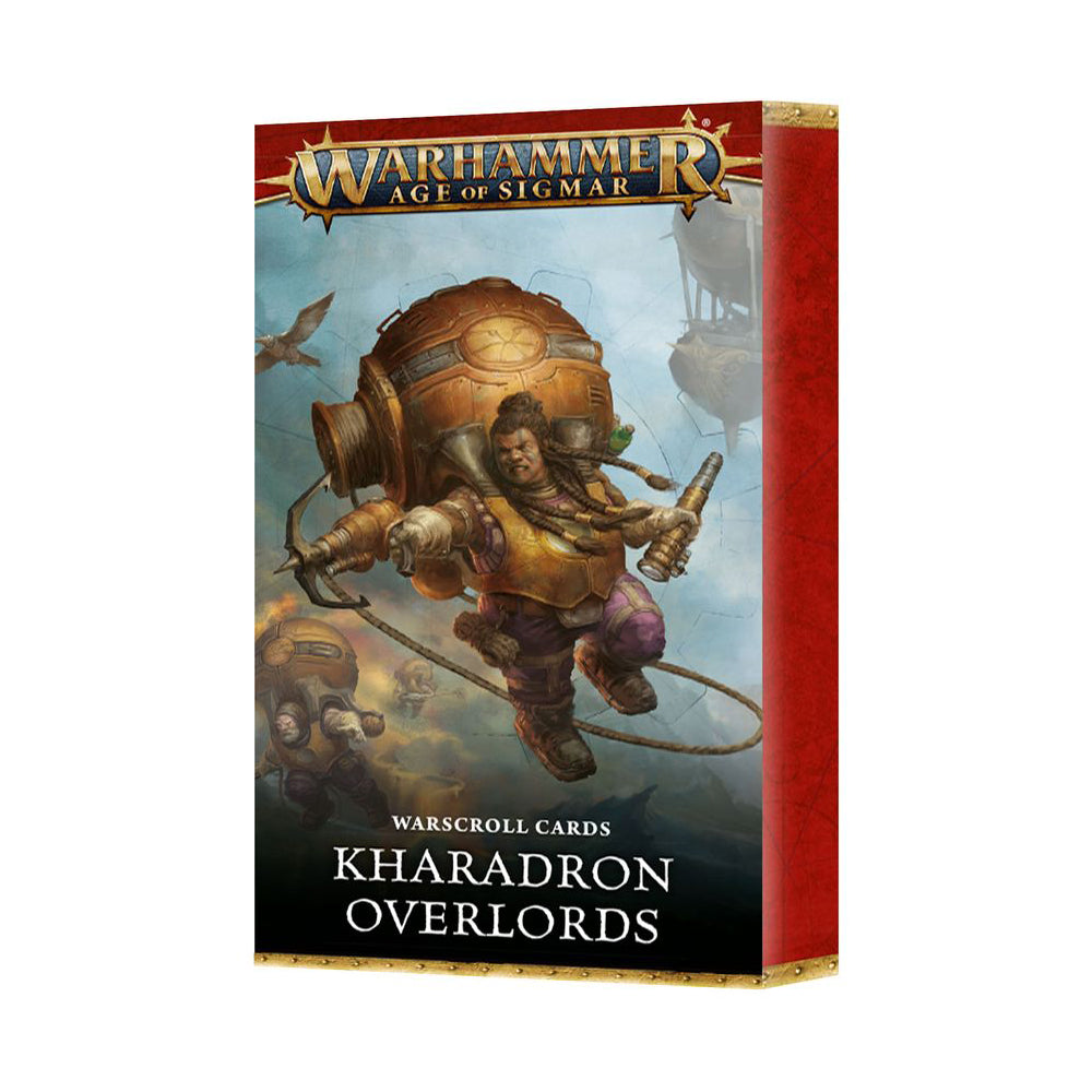 Kharadron Overlords Warscroll Cards for Warhammer Age of Sigmar, box art: dwarf in flying steampunk gear, grappling hook, and tool, with airships