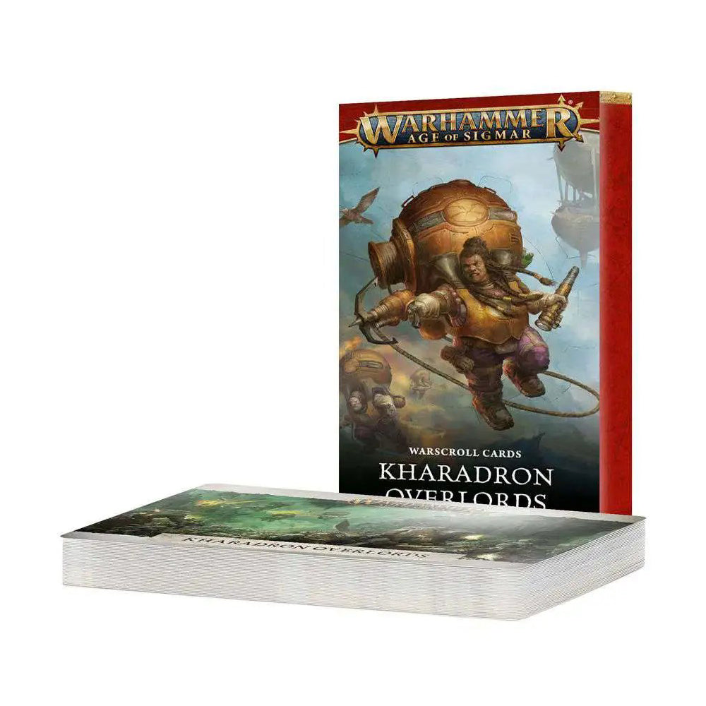 Warhammer Age of Sigmar Warscroll Cards: Kharadron Overlords pack featuring a steampunk dwarf, next to a stack of game cards